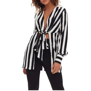 PrettyLittleThing | Monochrome Striped Tie Front Hi Lo Blouse